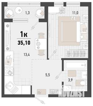1-к квартира, строящийся дом, 35м2, 3/24 этаж