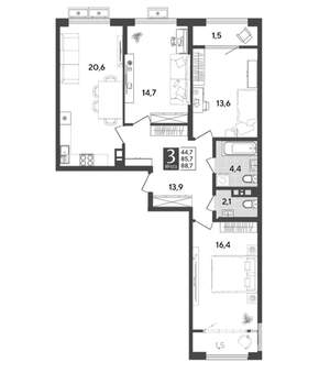 3-к квартира, вторичка, 88м2, 6/13 этаж