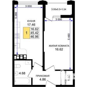 1-к квартира, вторичка, 47м2, 2/8 этаж