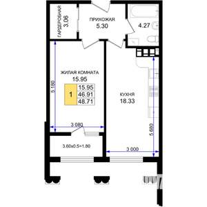 1-к квартира, строящийся дом, 49м2, 7/8 этаж