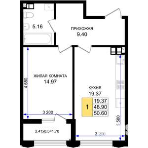 1-к квартира, вторичка, 51м2, 7/8 этаж