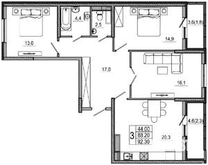 3-к квартира, вторичка, 90м2, 1/21 этаж