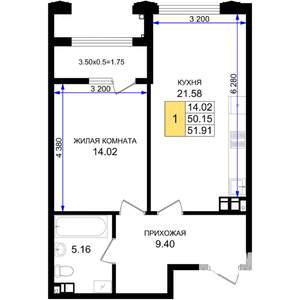 1-к квартира, строящийся дом, 52м2, 7/8 этаж