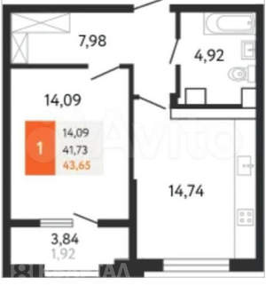 1-к квартира, вторичка, 46м2, 15/24 этаж