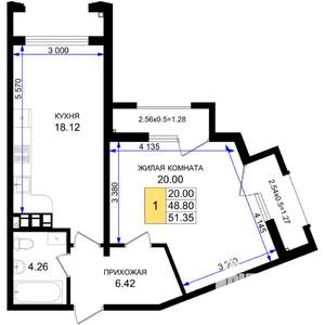 1-к квартира, строящийся дом, 51м2, 4/8 этаж