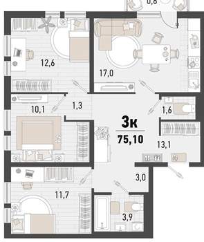 3-к квартира, вторичка, 74м2, 3/24 этаж