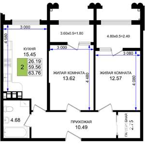 2-к квартира, строящийся дом, 64м2, 7/8 этаж