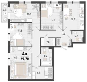 4-к квартира, вторичка, 100м2, 2/15 этаж