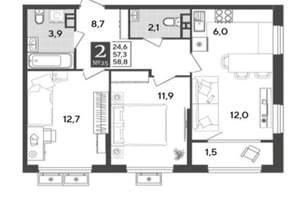 2-к квартира, вторичка, 59м2, 6/7 этаж