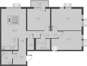 3-к квартира, вторичка, 91м2, 7/24 этаж