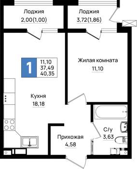 1-к квартира, вторичка, 40м2, 8/9 этаж