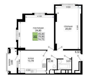 2-к квартира, вторичка, 71м2, 7/17 этаж