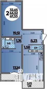 2-к квартира, строящийся дом, 67м2, 1/16 этаж