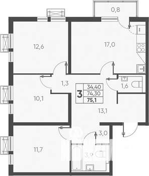 3-к квартира, вторичка, 75м2, 20/24 этаж