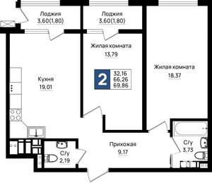 2-к квартира, вторичка, 70м2, 13/18 этаж