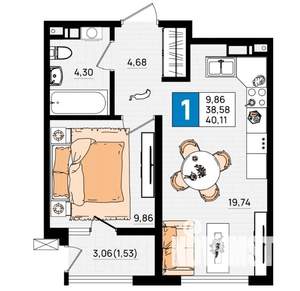 1-к квартира, вторичка, 41м2, 4/10 этаж