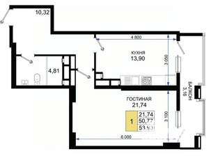 1-к квартира, вторичка, 54м2, 10/17 этаж