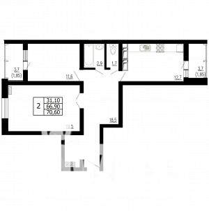 2-к квартира, строящийся дом, 71м2, 9/18 этаж