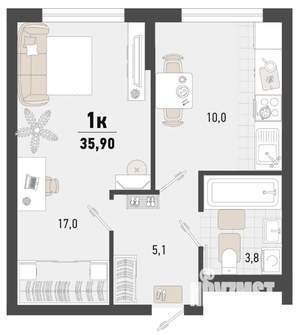 1-к квартира, строящийся дом, 36м2, 1/15 этаж