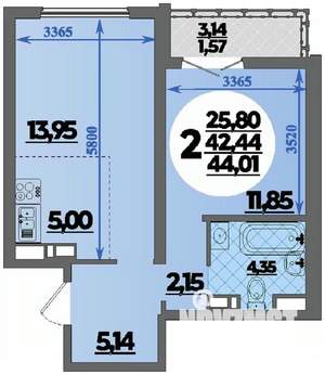 2-к квартира, строящийся дом, 44м2, 12/16 этаж
